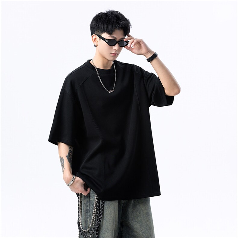 港风美式vibe潮流宽松拼接款圆领半袖T恤男潮XZ213-T008-P35控58,男装T恤,星座213
