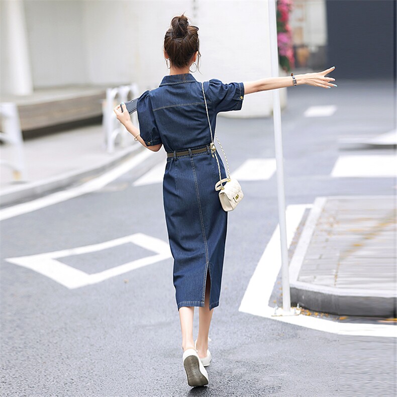 短袖牛仔连衣裙女中长款2025年夏装小个子洋气网红气质a字裙子,女装连衣裙,E百度