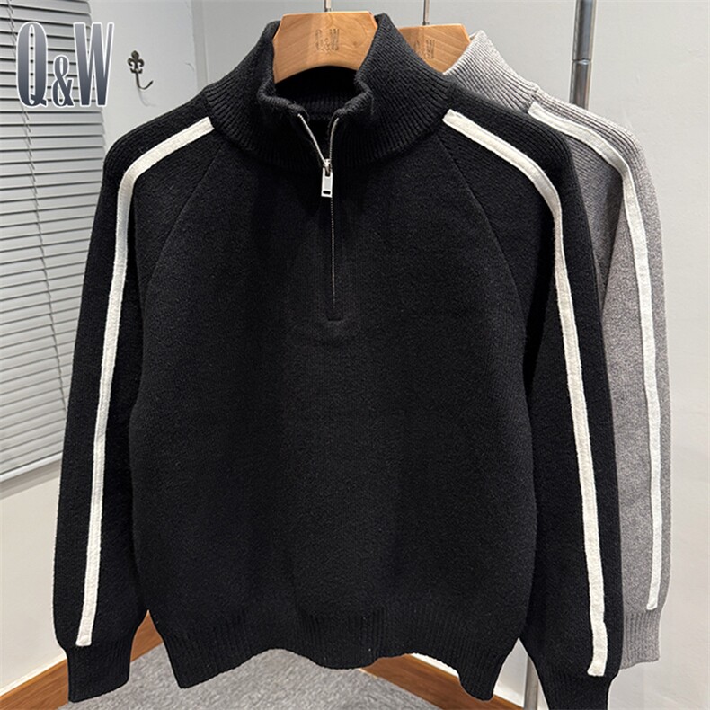 网图76305-P70拉链半高领毛衣男宽松运动休闲立领针织外套加厚潮,男装针织衫/毛衣,电商D310B