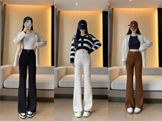 2025秋冬新品双股纱线羚长腿微喇裤女休闲直筒高腰裤，女装休闲裤，东正羊绒