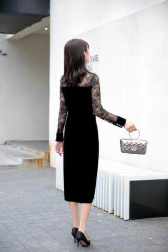 金丝绒搭配蕾丝连衣裙五个码M、乚、XL、XXL、XXX，女装连衣裙，拉思维加丝