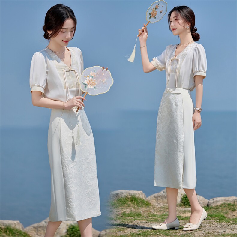 2025年夏季新中式气质盘扣修身两件套裙时尚减龄，女装套装/套裙，卡杰菲