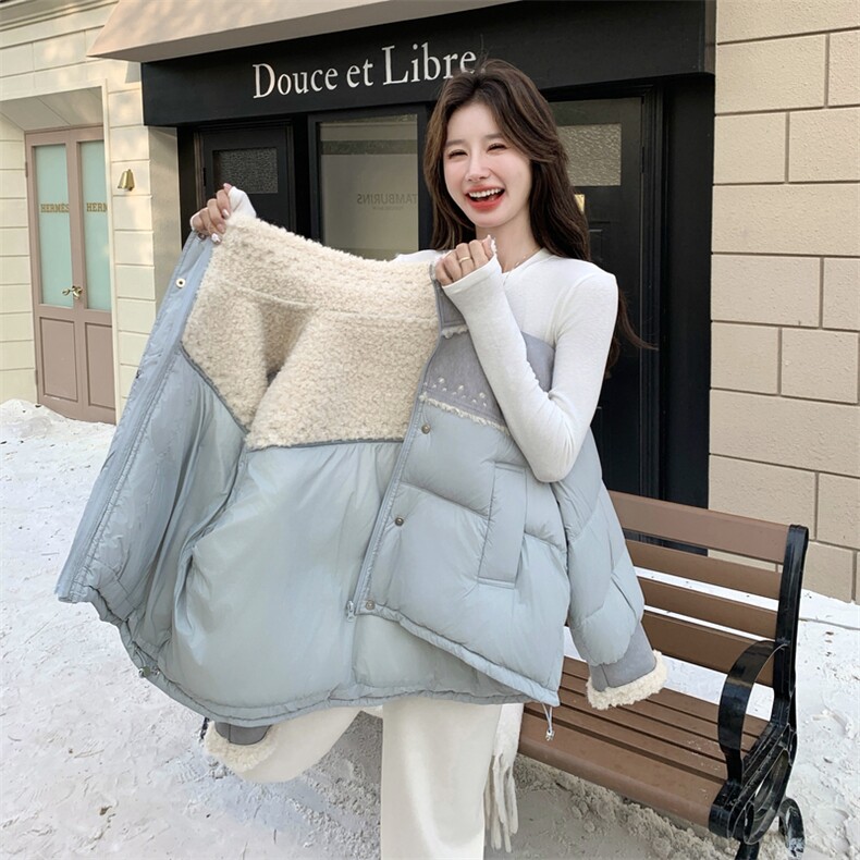 羊羔毛拼接短款羽绒服女2025年冬季新款小个子保暖减龄白鸭绒外套,女装羽绒服,2C032