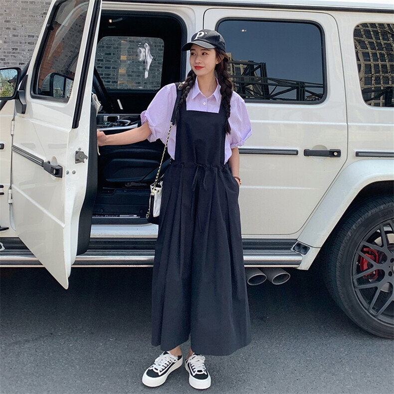 小众设计感纯色连体裙裤韩版休闲宽松收腰阔腿九分裤工装背带裤女，女装连体裤，一九零