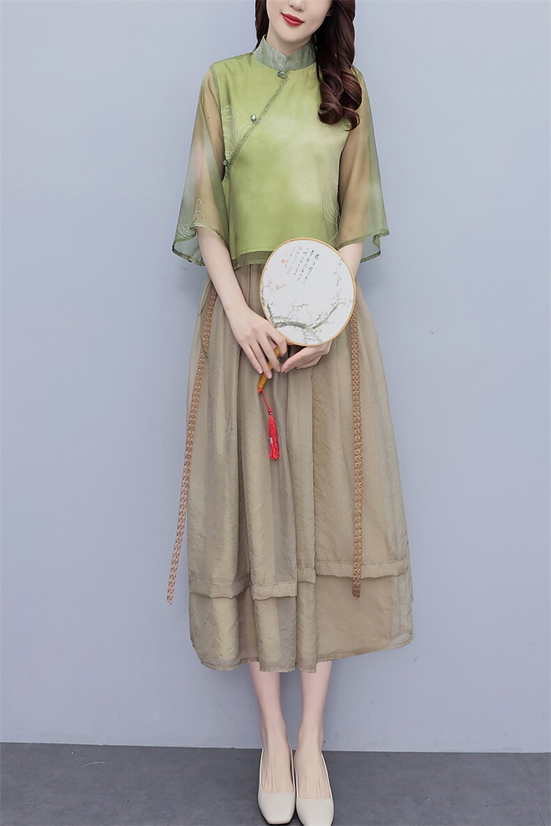 芷墨超仙小洋装新中式俩件套套装茶服改良汉服上衣半身裙俩件套女,女装套装/套裙,芷墨服饰
