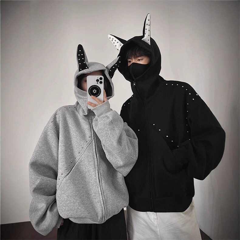 抖音得物高品质26春装美式高街铆钉杜宾犬耳朵开衫卫衣外套W125,女装短外套,电商A486