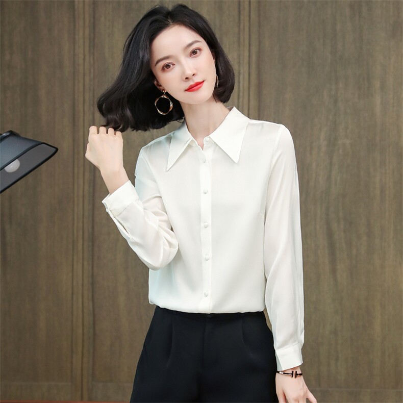 杏色衬衫女长袖春秋季2024年修身气质通勤百搭打底雪纺职业上衣,女装衬衫,阿舍尔精品