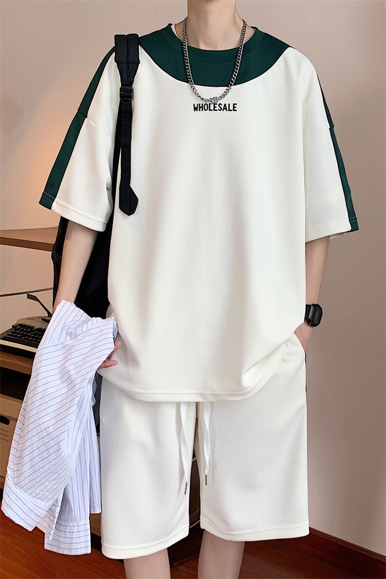 直播品质！2024夏季新款男士珠地短袖套装撞色学生一套TZP002P70,男装T恤,电商B220