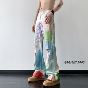 美式ins高街hiphop破洞多巴胺彩色涂鸦牛仔货号K2306P55图片