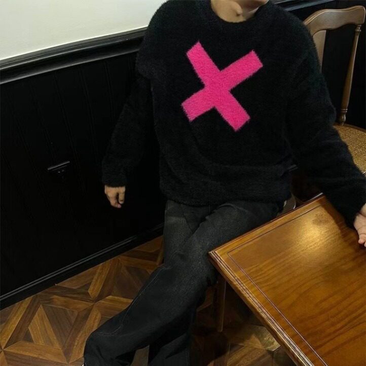 美式潮流字母X宽松外穿宽松仿貂绒毛衣青年男女秋冬季休闲针织衫,男装针织衫/毛衣,星座813-2