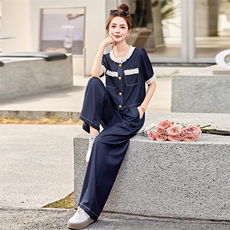 天丝牛仔时尚套装女夏2025新款韩系穿搭一整套阔腿裤小香风两件套，女装套装/套裙，涵墨