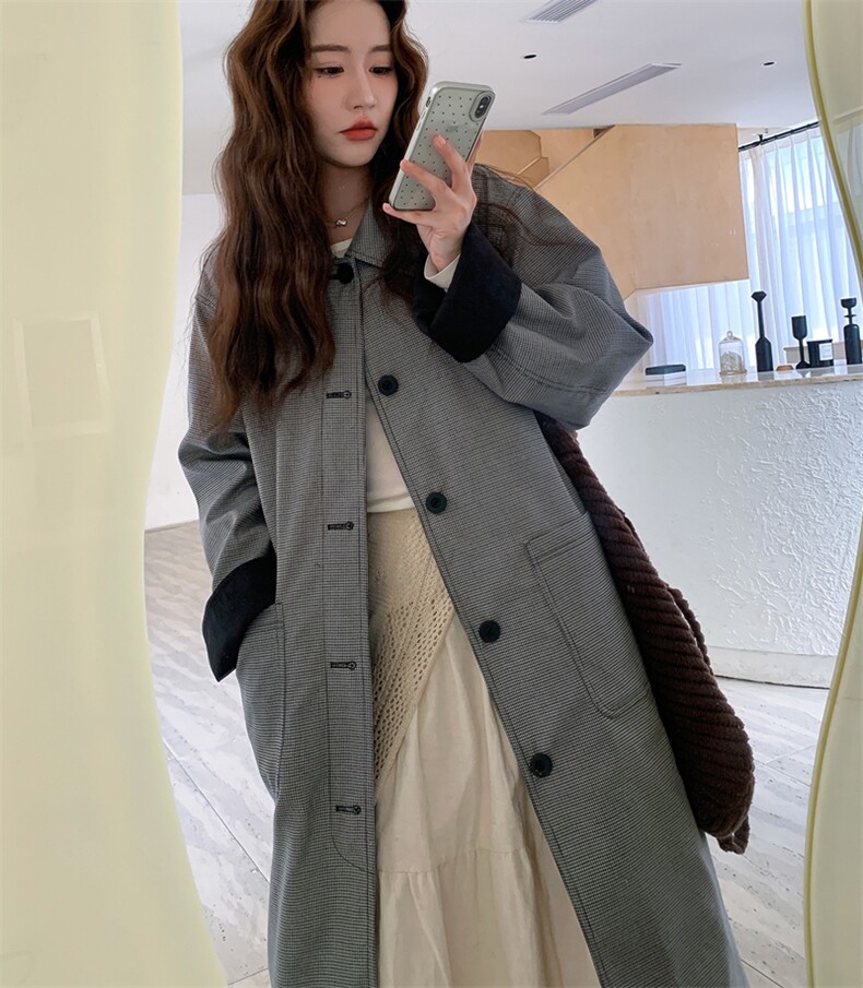 韩系宽松大衣黑色翻领中长款风衣外套女秋季,女装风衣,2B110