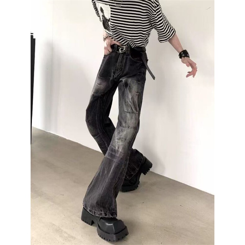 复古褶皱闪电纹黑色牛仔裤男女做旧水洗显瘦堆积微喇裤HB5103 P51图片