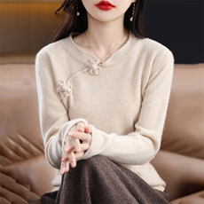 复古盘扣立领宽松内搭时尚针织羊毛上衣，女装羊毛衫，绒宛羊绒