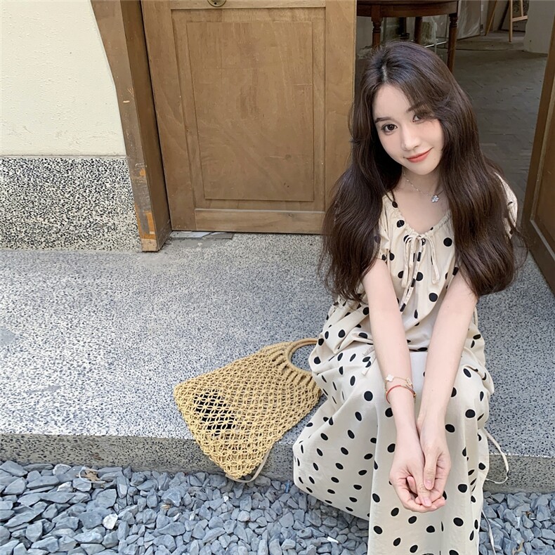 波点泡泡袖连衣裙女夏季2025新款法式宽松休闲穿搭温柔风度假长裙,女装连衣裙,2C217