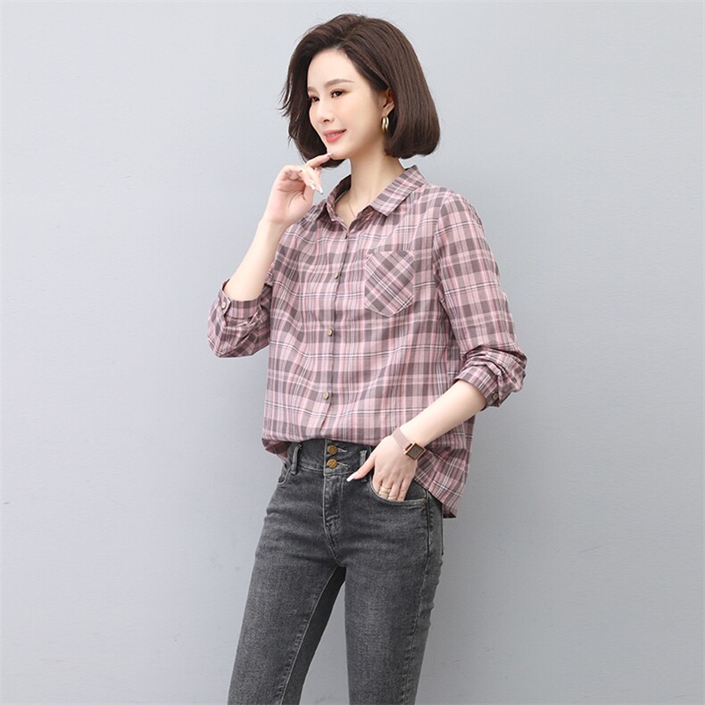 纯棉格子衬衣女款2025新款春秋中老年女士衬衫妈妈长袖上衣,女装衬衫,独衣靓