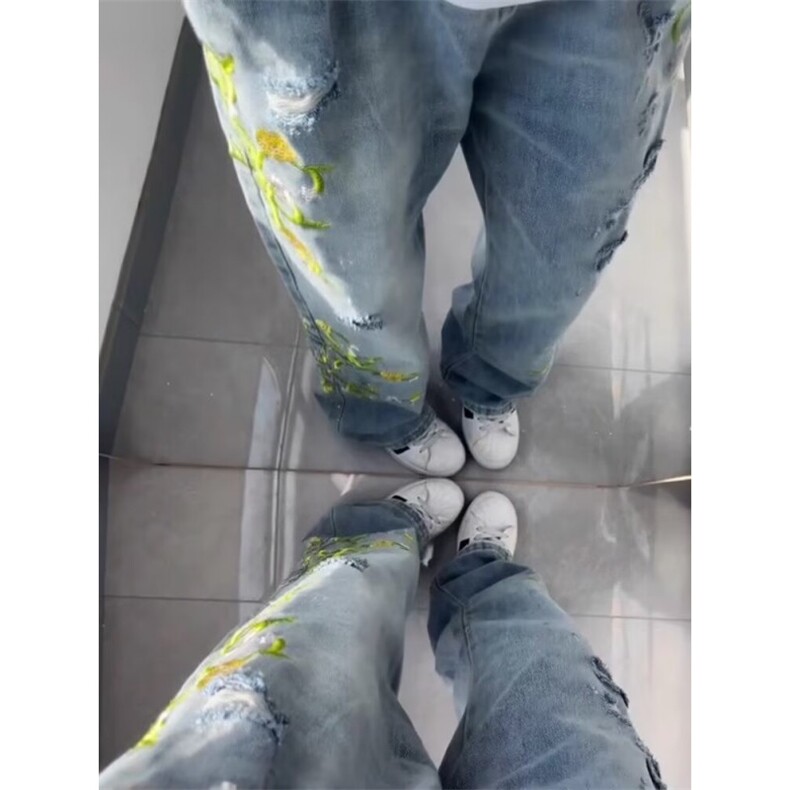 【现货】DA451-特批55春秋季新款潮牌小众藤条花卉刺绣牛仔裤男图片