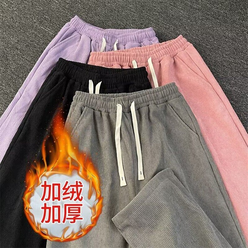 加绒加厚灯芯绒阔腿裤女秋冬新款垂感宽松运动休闲直筒裤束脚卫裤图片
