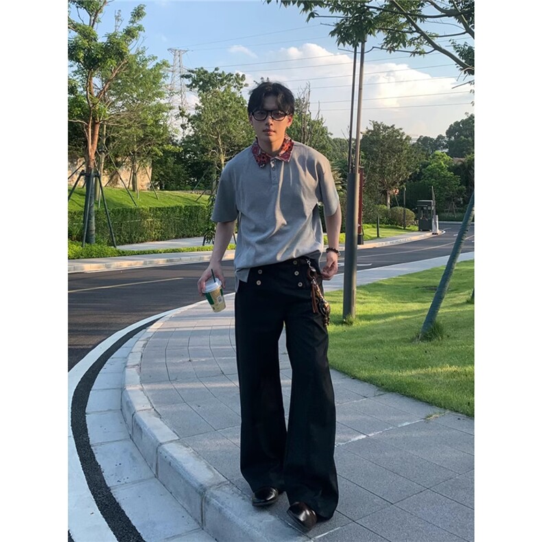设计感排扣垂感西装裤男宽松阔腿直筒休闲裤潮牌春秋长裤,男装西服套装,四季星座505