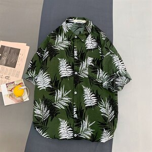 2021夏季新日系大码男港风沙滩情侣休闲短袖印花衬衫C3032-P35图片