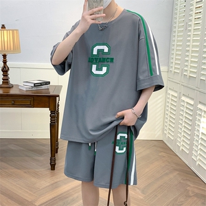 夏装学生潮简约运动半袖套装2023印花短裤T恤男女 6632-P60控价88图片