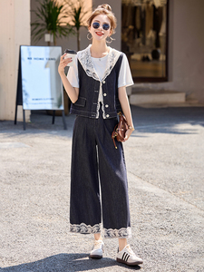小香风牛仔套装女2025夏季新款高级感韩里韩气蕾丝马甲阔腿裤穿搭图片