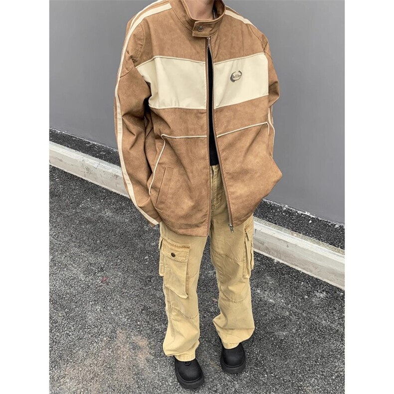 美式机车风复古做旧皮衣外套宽松高级感痞帅撞色立领夹克JK8547,男装夹克,星座516A