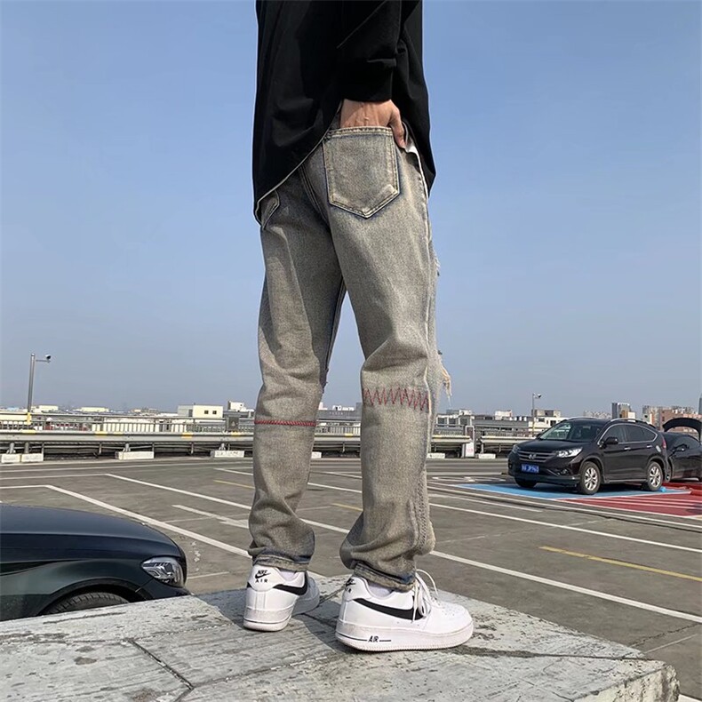高街vibe风美式复古做旧补丁牛仔裤水洗修身小脚裤子男款Z05/P50,男装牛仔裤,星座506