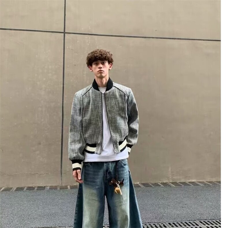 网图~老钱风网红粗纺面料棒球服夹克外套W1399/P75,男装夹克,电商B350