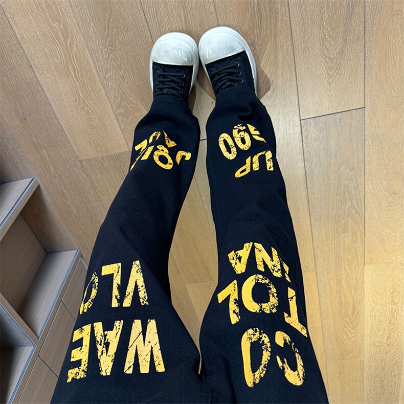 现货美式高街斑驳黄色字母宽松直筒牛仔裤男K5818-P50控68,男装牛仔裤,星座205