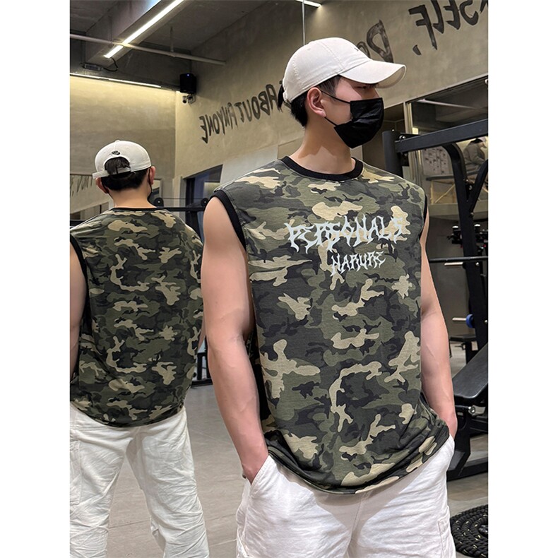 百搭街头时尚潮流印花上衣休闲潮酷运动无袖迷彩T恤HY768TP30控49图片