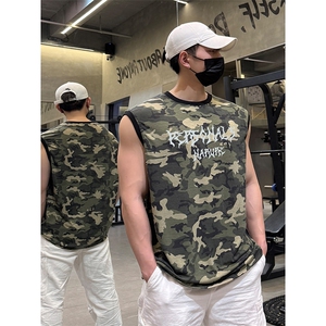 百搭街头时尚潮流印花上衣休闲潮酷运动无袖迷彩T恤HY768TP30控49图片