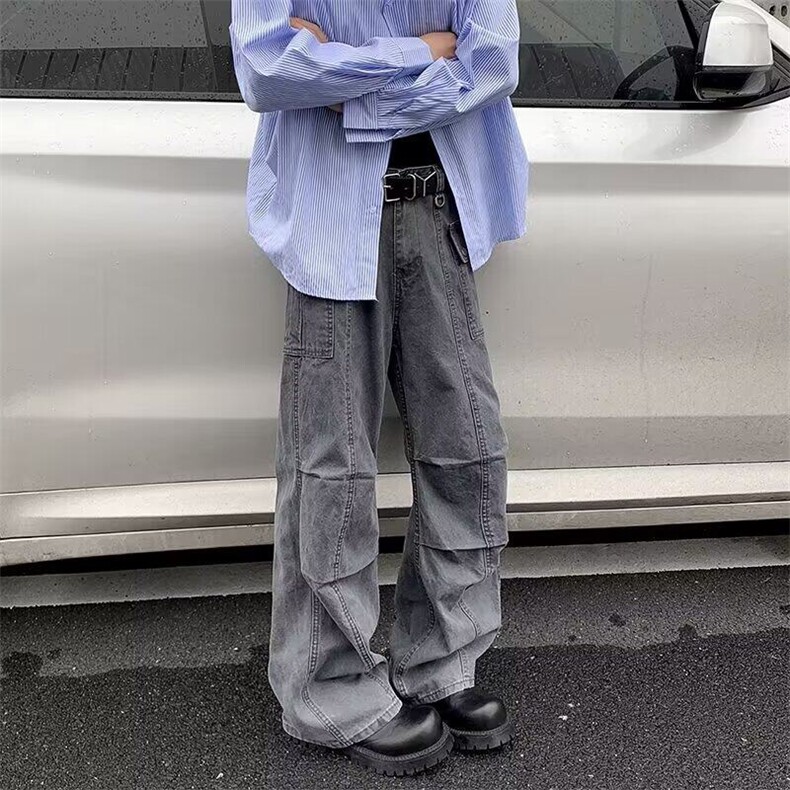 水洗复古工装裤男春秋季美式街头潮牌宽松多褶皱休闲裤子,男装休闲裤,星座506B