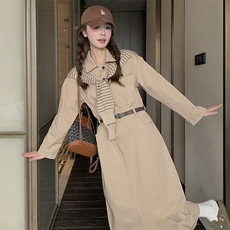 《新款新品》长袖收腰显瘦条纹披肩配腰带衬衣领休闲连衣裙，女装连衣裙，唛多