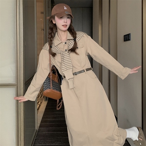 《新款新品》长袖收腰显瘦条纹披肩配腰带衬衣领休闲连衣裙图片