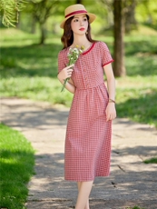 淑女风格纹连衣裙女春夏收腰显瘦中长裙格子裙子，女装连衣裙，水衣源