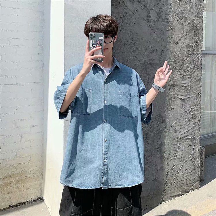 牛仔短袖衬衫男夏季薄款潮流五分袖衬衣ins百搭宽松外套CS124-P40,男装衬衫,星座1008