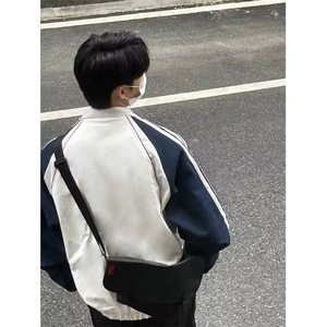 秋季新款美式复古撞色线条设计立领夹克白色外套男礼物男 JK007图片