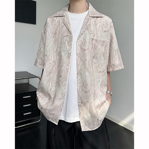 8XL-M 冰丝古着感波浪纹短袖衬衫男宽松休闲沙滩古巴领衬衣CS528图片