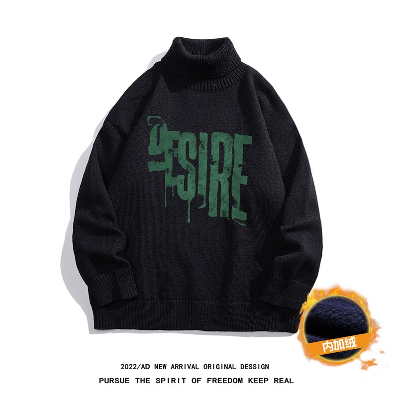 白底秋冬潮流字母印花时尚保暖可翻高领毛衣M972P55加绒65控78-88，男装针织衫/毛衣，电商A247-1