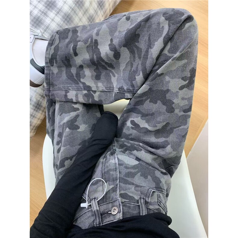 美式高街辣妹迷彩灰牛仔裤女秋季大码胖mm显瘦遮胯直筒阔腿裤长裤,男装牛仔裤,星座1210-1
