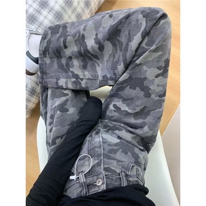 美式高街辣妹迷彩灰牛仔裤女秋季大码胖mm显瘦遮胯直筒阔腿裤长裤图片