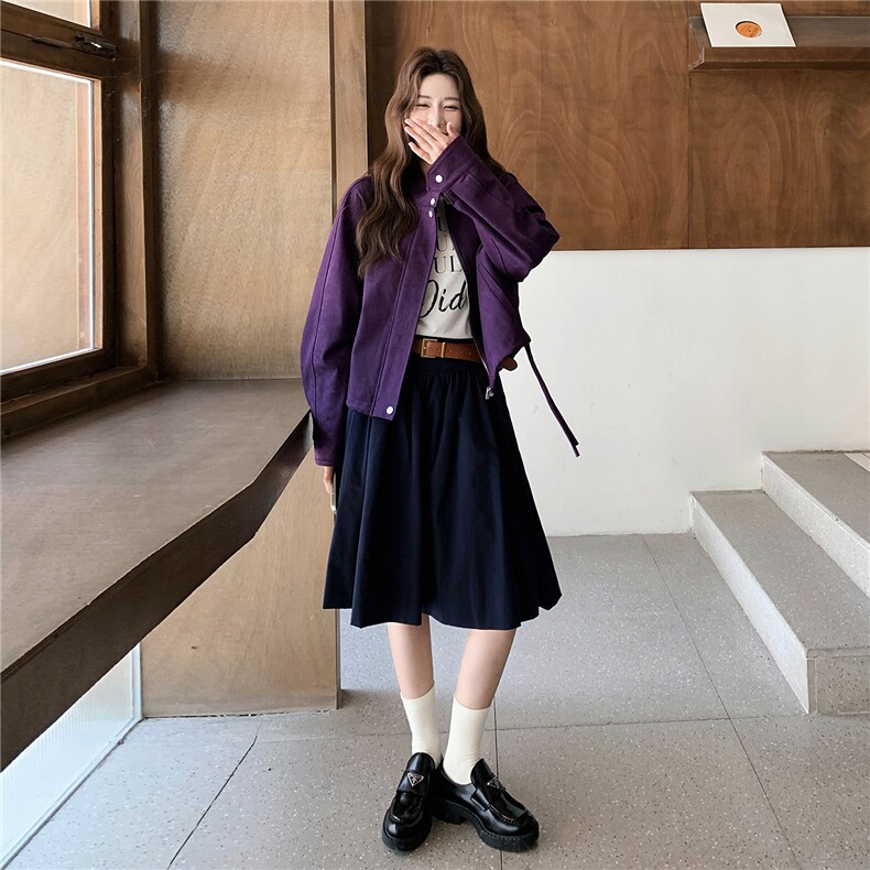 韩式chic紫色短款麂皮绒外套女春秋2025超火好看高级小众夹克上衣,女装短外套,2D008