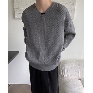 慵懒纯色V领针织衫男韩版禁欲系小众套头上衣潮T908-P78图片