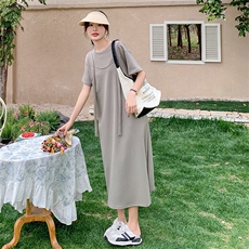 韩系穿搭通勤风灰色T恤裙女夏季2025新款慵懒风显瘦中长款连衣裙，女装连衣裙，2C095