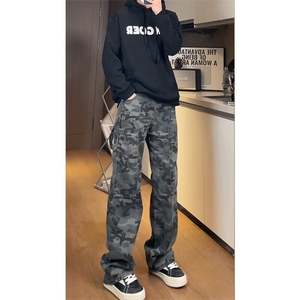 直筒裤原宿迷彩休闲裤男女 美式高街长裤NK038-常规P50 加绒P60图片