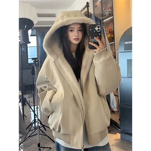 网图自制 美式连帽座山雕皮衣外套男女加绒兔毛棉衣夹克A1107-P90图片