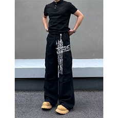字母美式水洗黑色工装裤宽松潮牌裤子设计感小众男牛仔裤NZK7080，男装牛仔裤，星座302B-2