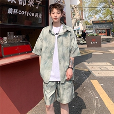 2025美式扎染印花冰丝凉感短袖碎花衬衫薄套装TZ5655/特P45绿2，男装T恤，电商A094