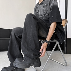 水洗牛仔裤男夏季青少年vibe高街痞帅百搭宽松微喇长裤子7588-p40，男装牛仔裤，星座1008-2
